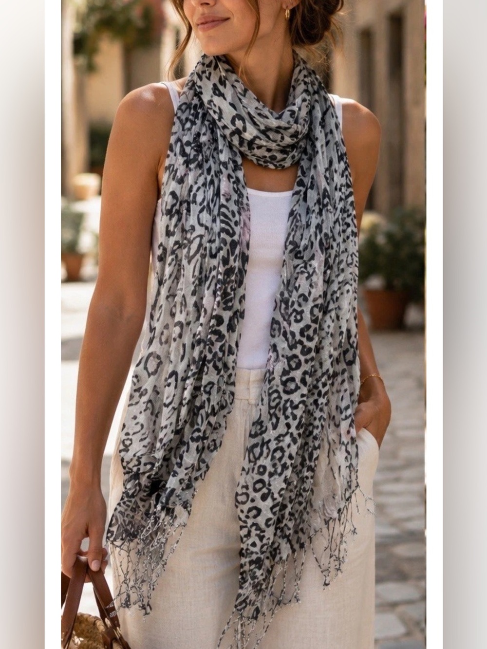 New Womens Metallic Shimmery  Animal Print Fringed Scarf MultiColor 5000-3100